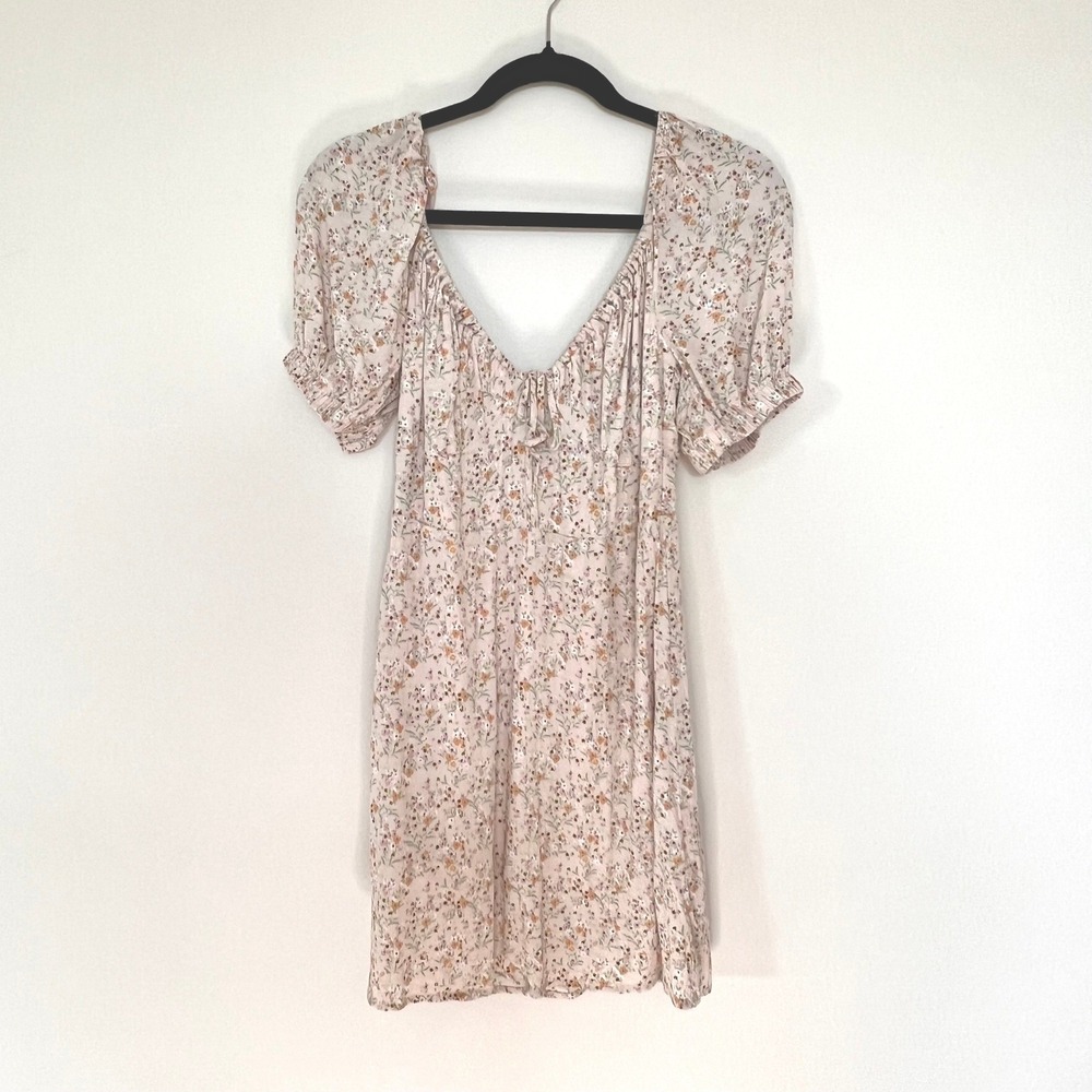 Cottagecore Pink Floral Smocked Puff‎ Sleeve Square Neck Mini Dress Women's M